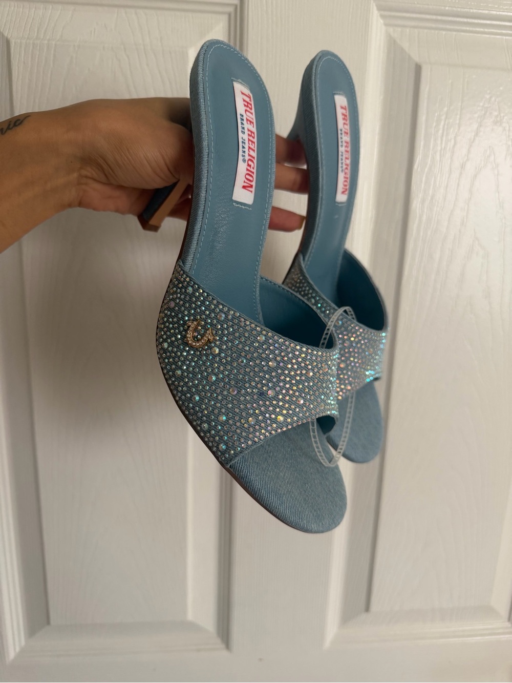 True Religion Blue Crystal Embellished Slide Heels
